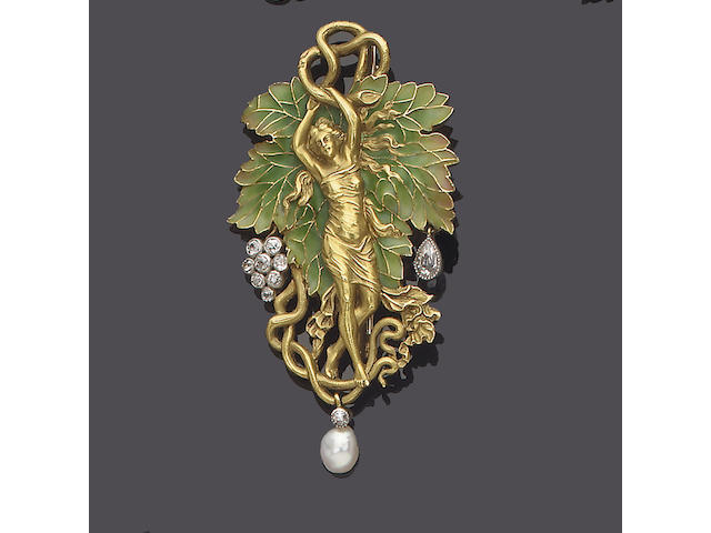 An art nouveau enamel, diamond and pearl brooch/pendant, by Plisson et Hartz,