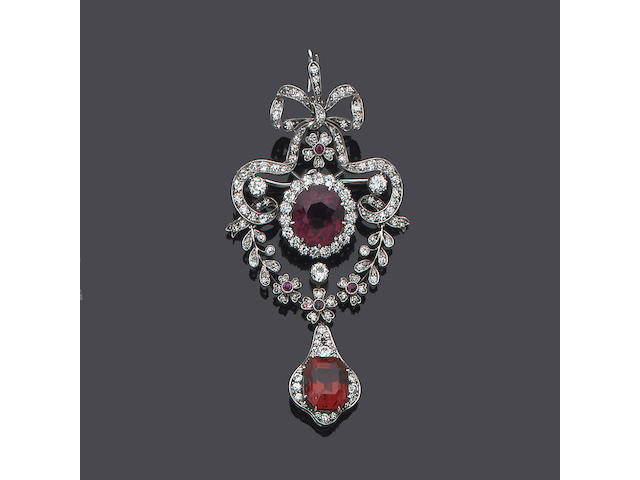 A mid 20th century diamond and red spinel brooch/pendant