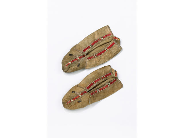 A pair of  Great Lakes hide and quillwork moccasins each 27.5cm.