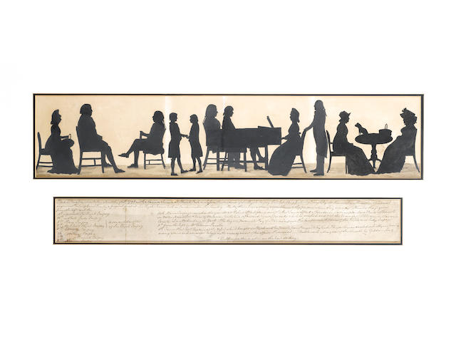 Tiberius Cavallo, A silhouette conversation piece of the Impey family of Newick Park, Sussex: Mary, seated holding a basket; Sir Elijah Impey (1732-1809), seated, facing Tiberius Cavallo; Edward and Hastings Impey facing each other; James West and Barwell Impey watching Marian Impey playing a grand piano with Archibald behind her; Maria and her mother Lady Impey, seated at a table on which stands a Pug