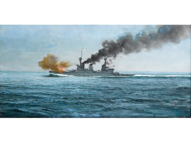 Montague Dawson (British, 1895-1973) H.M.S. 'Inflexible' firing her first salvo at the Battle of the Falkland Islands, 8th December 1914 45.7 x 91.4cm. (18 x 36in.)