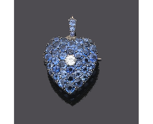 A sapphire and diamond heart-shaped brooch/pendant,