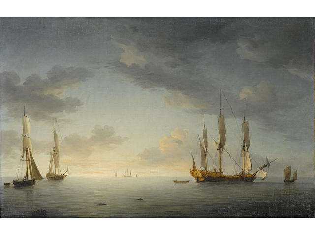 Charles Brooking (British, 1723-1759) Sunset. A ship-rigged Royal Yacht in a light air with another yacht and a cutter 25.4 x 38.4cm. (10 x 15 1/8in.)