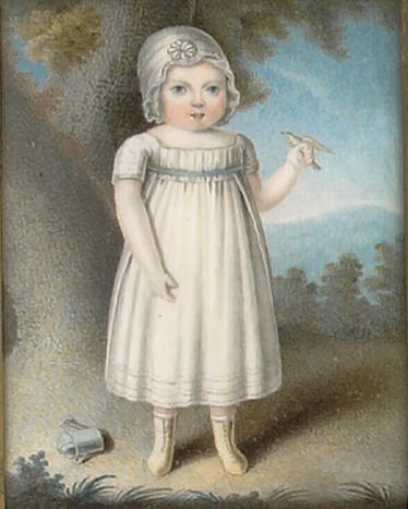 J. Phillips, A pair of portraits of Ambrose (1809-1903) and William Everet, both standing full-length; the former wearing white smock dress with blue ribbon waistband, his white bonnet with rosette, laced kid leather boots, a bird in his hand, a watering can on the ground behind; the latter wearing blue dress over matching pantaloons, laced black boots, a whip in his hand, both with landscape backgrounds