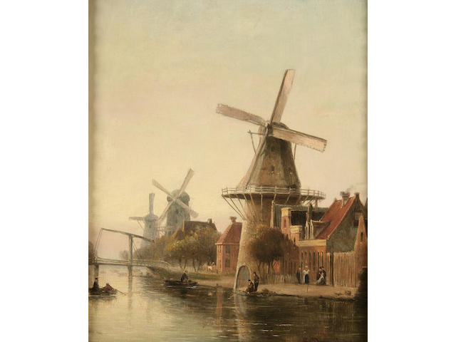 Cornelius Christian Dommersen (1842-1928) Dutch canal scene with figures,