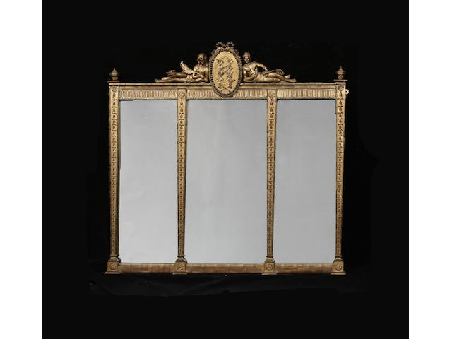 A late 19th century giltwood and composition triple plate over mantle mirror