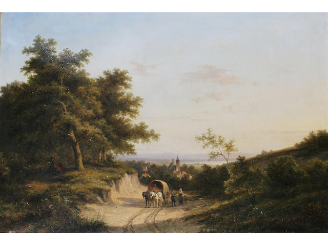 Jan Evert Morel II (Dutch, 1835-1905) Figures and horse drawn cart in an extensive landscape, a town and lake beyond; figures and pack-horses in an extensive landscape, a windmill and town beyond