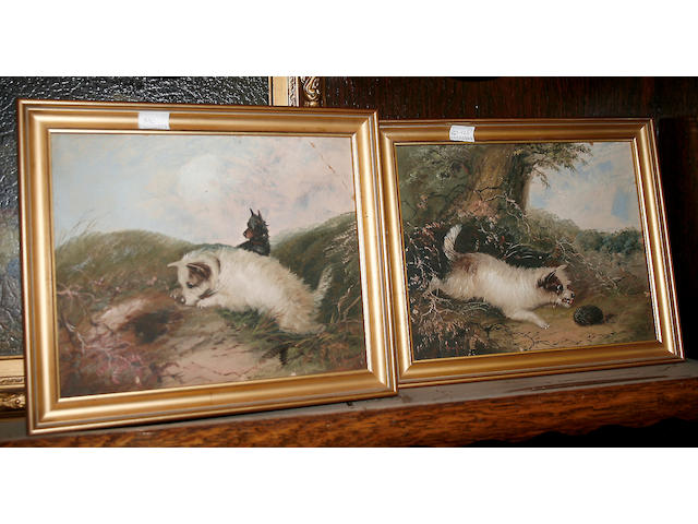 After T. Langlois A pair, studies of terriers, oil on card, and a still life study of fruit, oil on canvas, indistinctly signed, dated 1878