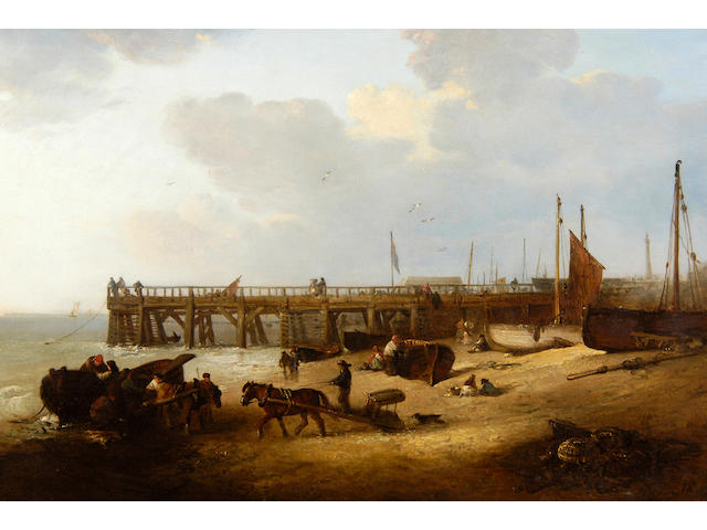 Edward Robert Smythe (1810-1899) Figures on the beach before Yarmouth Jetty 51 x 76cm (20 x 30in).