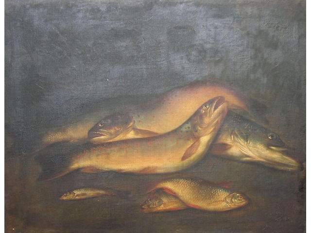 Still life of game and coarse fish on a river bank
