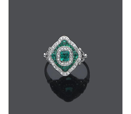 An art deco emerald and diamond plaque ring,