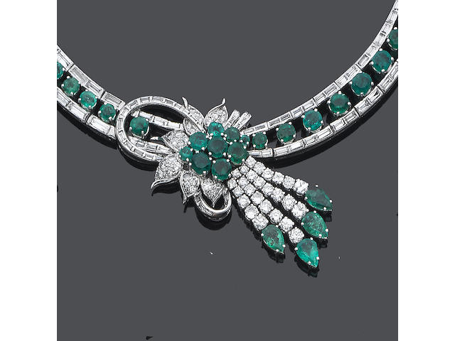 An emerald and diamond necklace, bracelet, earring and ring suite (4) (partially illustrated)