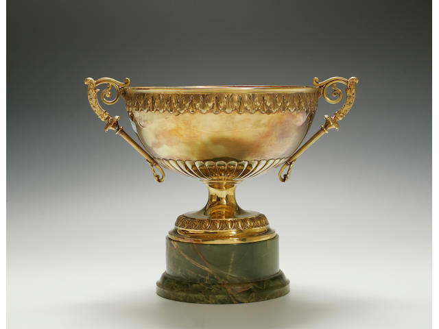 An impresssive Edward VII, 15ct gold two handled pedestal rose bowl by Elkington & Co, London, 1905,