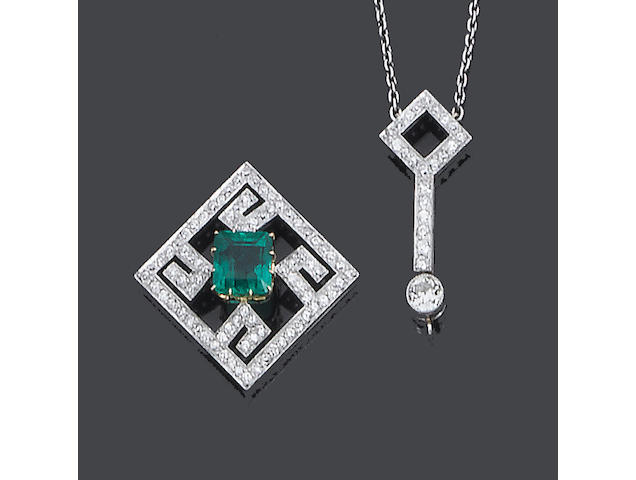 An early 20th century diamond and emerald pendant, (2)