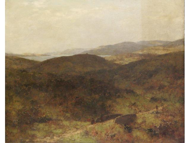 Alexander Kellock Brown RSA RSW RI (1849-1922) Landscape with loch in the distance, together with a portrait by another hand (2)