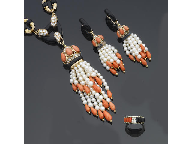 A cultured pearl, coral, onyx and diamond necklace, earrings, ring and watch suite, circa 1975 (4)