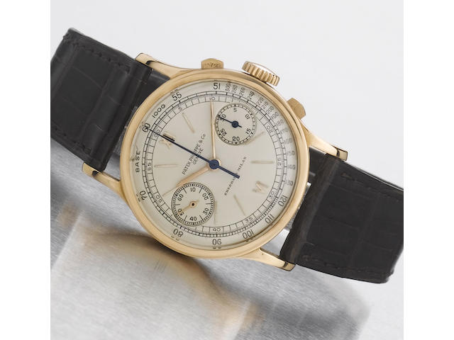 Patek Philippe. A fine and rare 18ct pink gold chronograph wristwatch with original Patek Philippe box and Extract from ArchivesRef:533, Case No.621689, Movement No.862468, Made in 1940, Sold 26 October 1940