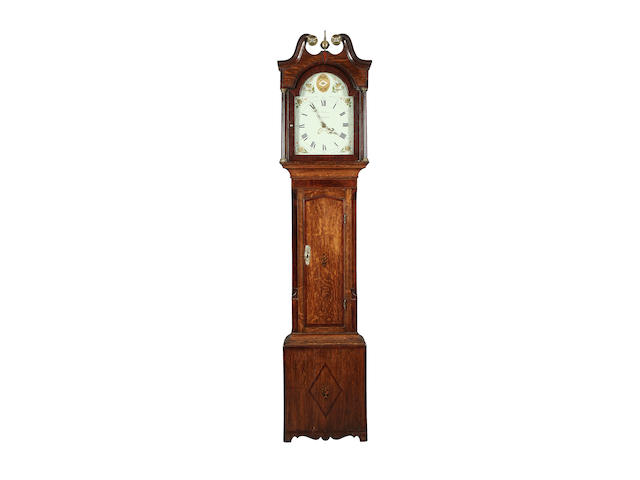 A late George III inlaid oak and mahogany cased 30 hour longcase clock, L. Fenton of Mansfield (fl. c. 1800) sold with weight, pendulum and key