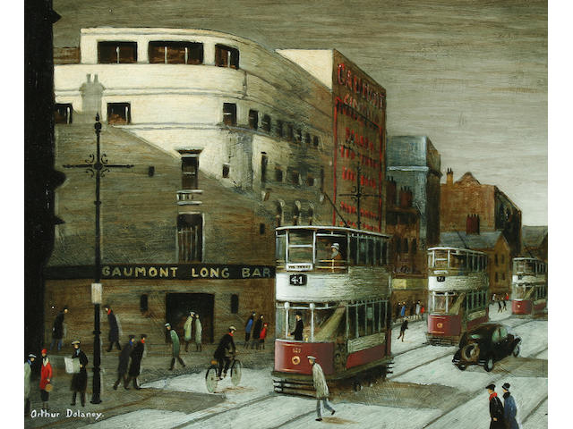 Arthur Delaney (1927-1987) Street scene with figures and trams,