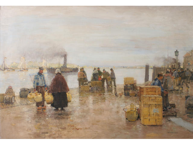 Hans Herrmann (1858-1942) German A Dutch dockside scene with figures,