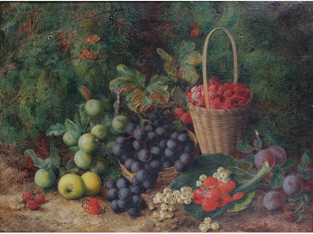 George Clare (1835-1890) British A punnet of black grapes, a punnet of raspberries, plums, greengages, apples, whitecurrants and strawberries against a mossy bank; black grapes, strawberries, apples, plums and raspberries against a mossy bank,