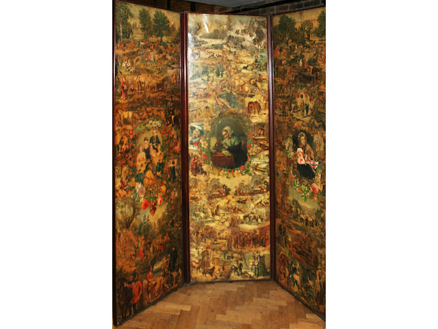 A good Victorian decoupage three fold mahogany framed screen,