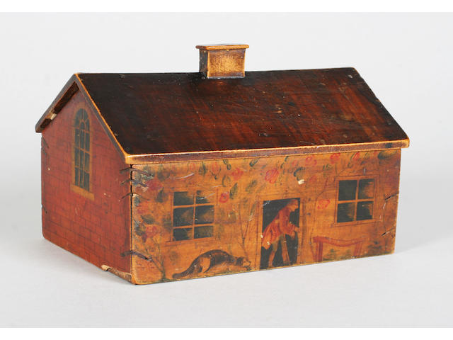 A rare and charming Georgian whitewood painted sewing box in the form of a single storey cottage