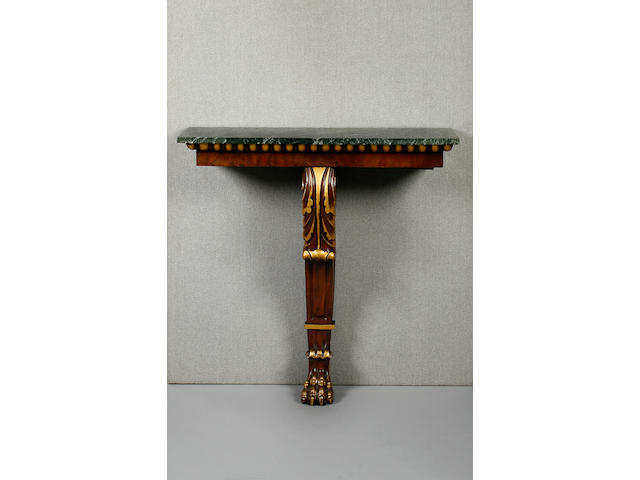 A pair of Regency style marble topped carved console tables