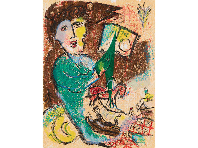 Marc Chagall (French, 1887-1985) Poems The complete folio, 1968, including, title, justification, text and twenty four wood-engravings, printed in colours, on Rives, the justification page signed in pencil and numbered 170 from the edition of 200, text printed by Fequet et Baudier, wood engravings printed at Atelier Lacouriere et Frelaut by Jaime Herrera, published by Editions Cramer, Geneva, with the original linen box; in good condition, 390 x 300mm (15 1/3 x 11 3/4in)(folio)