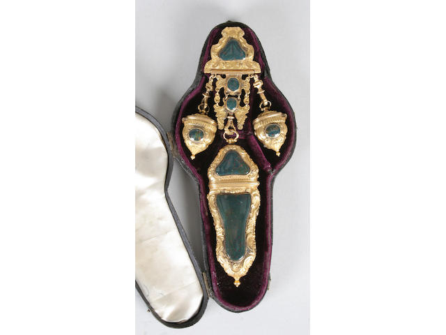A late 18th century gilt metal and bloodstone mounted chatelaine etui and companion boxes