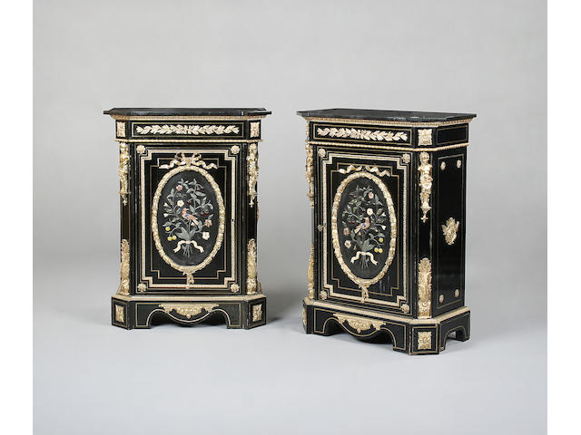 A pair of Napoleon III ebonised, gilt bronze and hard stone mounted meubles d'appui