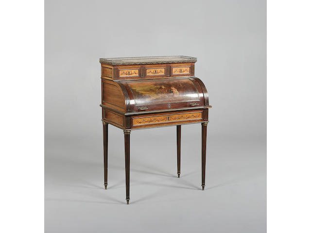 A late 19th century French Vernis Martin decorated cylinder bureau