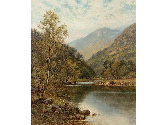 Alfred Augustus Glendening, Snr. (British, fl.1861-1903)   Mountainous landscape with cattle watering by a river,