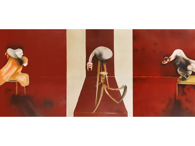 Francis Bacon (British, 1909-1992) 2nd Version of 1944 Triptych Lithographs, forming a triptych, 1989, after the painting, printed in colours, on wove, each signed and inscribed 'E.A' in pencil, aside from the numbered edition of 60; each with minor foxing in the margins, central image with water stain lower right sheet edge, with resultant light cockling, unexamined out of the frame, 1435 x 1090mm (56 1/2 x 42 3/4in)(I) 3