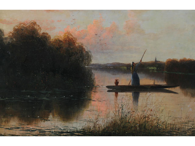 A** Williams (British 19th Century) A maid punting on the river, a church beyond,