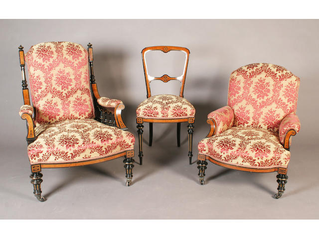 A late Victorian ebonised, thuya, foliate marquetry, line inlaid and parcel gilt frame upholstered eight piece salon suite,