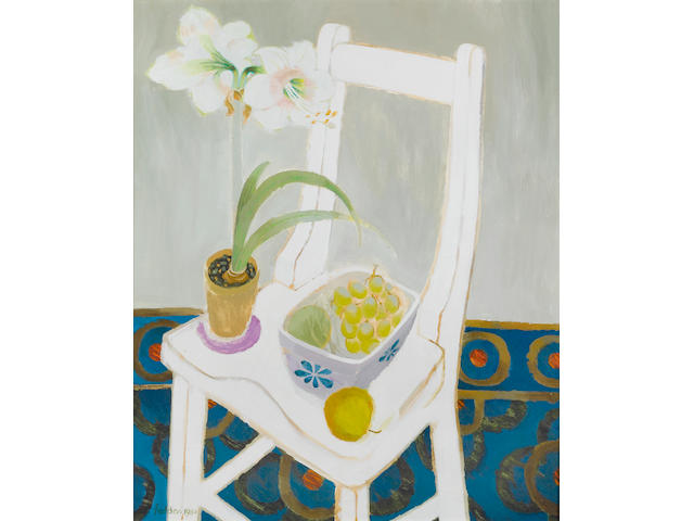 Mary Fedden R.A. (British, b.1915) Still life with amarylis and a chair 91 x 76 cm. (35 7/8 x 30 in.)