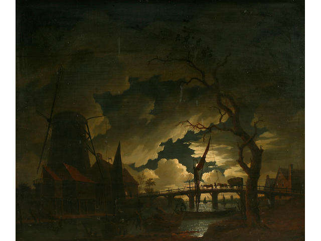Richard Wright (1720-1775)  Moonlit river landscape, boats and figures by a windmill,