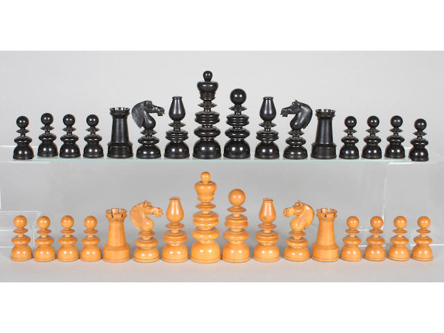 A good 19th century well-patinated, weighted Jaques 'Old English' pattern boxwood and ebony chess set