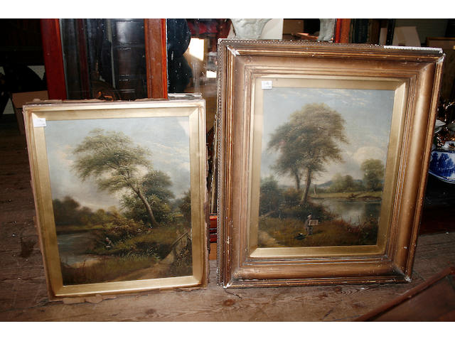 F Warsop, a pair of oil on canvas studies one depicting an artist beside a river, the other with an angler, signed and dated 1881