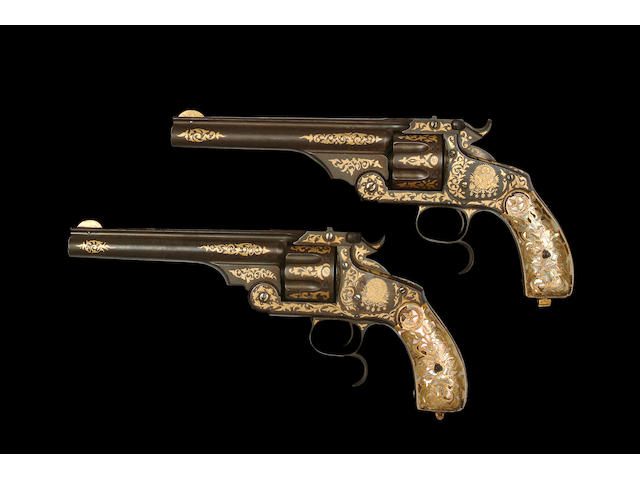 A Very Rare Pair Of Turkish Presentation .44 Russian Gold-Decorated Centre-Fire Revolvers Of Smith &