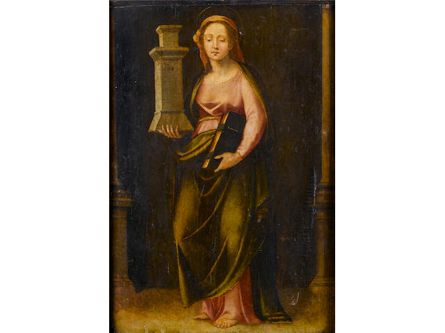 Circle of Paolo da Pistoia, called Fra Paolino (Pistoia 1490-1547) Saint Barbara 84 x 58 cm. (33 1/8 x 22 7/8 in.)