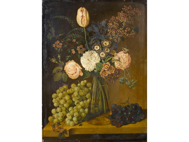 Jan Vos (active Holland, early 19th Century) Irises, roses, a tulip, forget-me-nots and other flowers 52.4 x 39 cm. (20 5/8 x 15 3/8 in.)