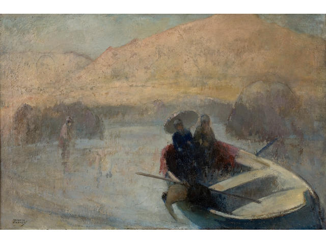 Theofrastos Triantafyllidis (Greek, 1881-1955) Ladies in a rowing boat 47.5 x 73 cm.