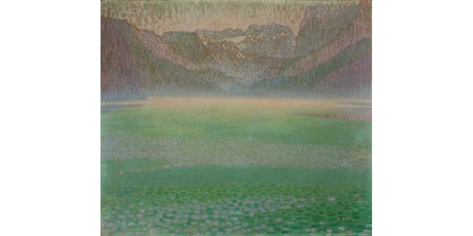 Constantinos Parthenis (Greek, 1878-1967) Misty lake 62.5 x 71.5 cm.