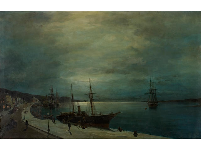 Constantinos Volanakis (Greek, 1837-1907) Moonlit harbour 54 x 85 cm.