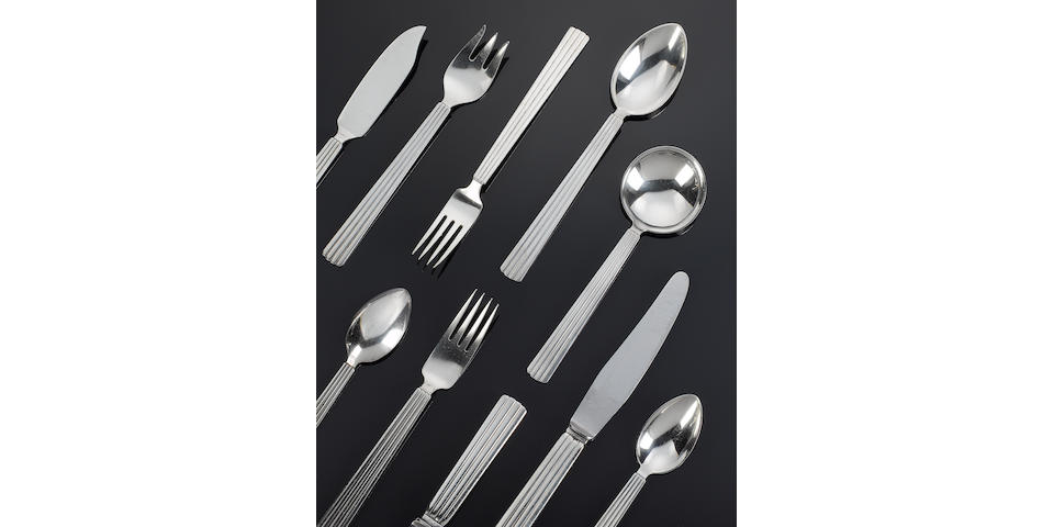 GEORG JENSEN : A metalware Bernadotte pattern table service of flatware and cutlery, designed in 1939 by Sigvard Bernadotte, impressed STERLING DENMARK, unless otherwise stated with import marks for London 1958 - 1962,  (54)