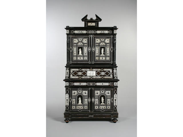 A late 19th century Italian ebonised and bone inlaid bureau cabinet