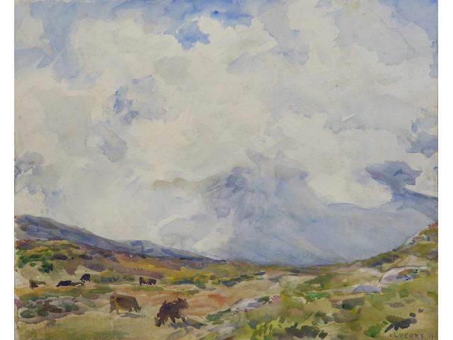 James Levin Henry (British, born 1855) Cattle under blustery skies, 34 x 42cm.