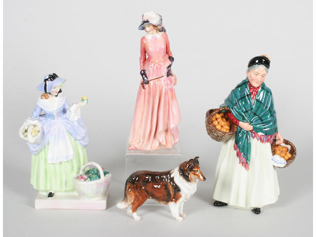 Three figures and a model of a collie dog,